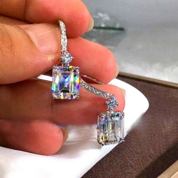 Drop Dangle Earrings Hook Backs S925 White Sapphire Elegant - Picture 1 of 4